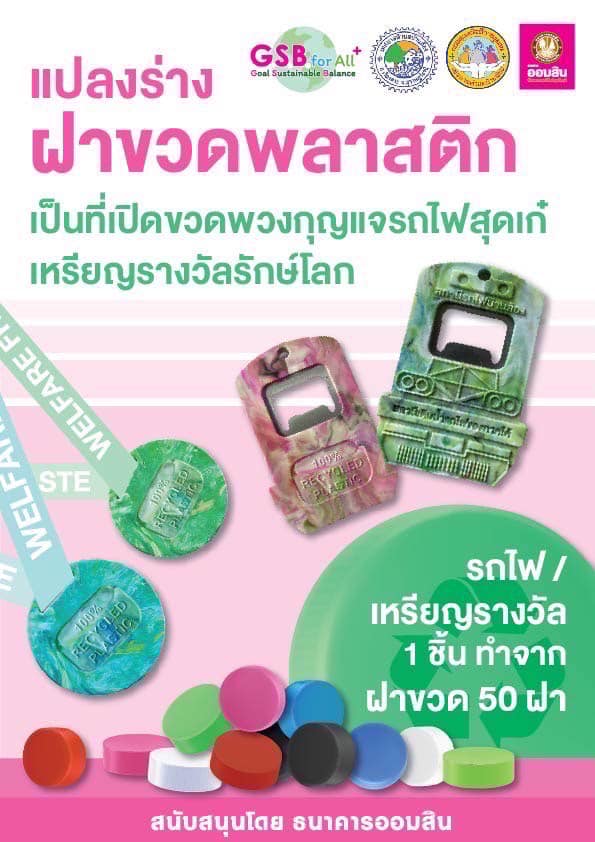 "ผลิตภัณฑ์แปรรูปจากฝาขวดพลาสติก โดยกลุ่มแปรรูปผลิตภัณฑ์จากสิ่งเหลือใช้ตำบลบ้านส้อง สนับสนุนโดยธนาคารออมสิน"